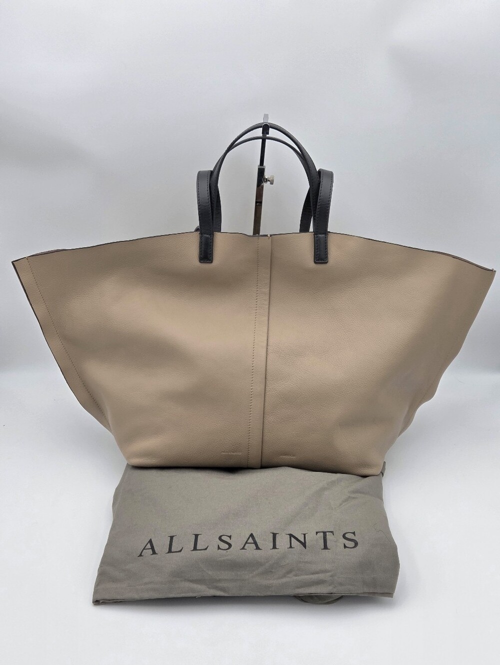 AllSaints Phoenix E/W Tote In Beige And Black Leather